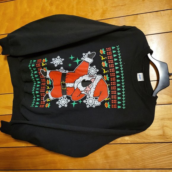 Ugly Christmas Sweater Sweatshirt SMALL crew neck Santa Claus Dapping BLACK C4 - Picture 5 of 5